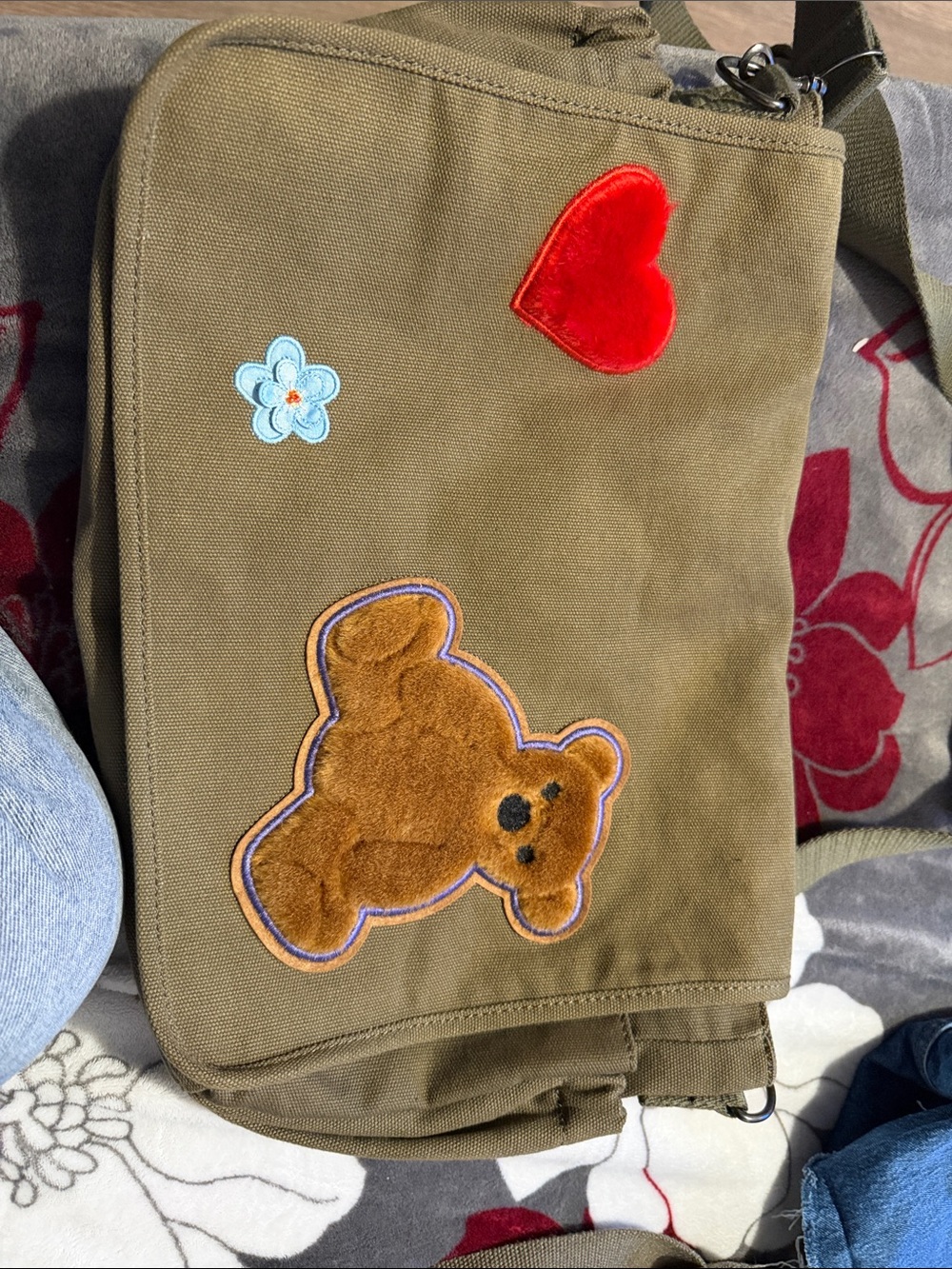 Olive Green Teddy Patch Shoulder Bag